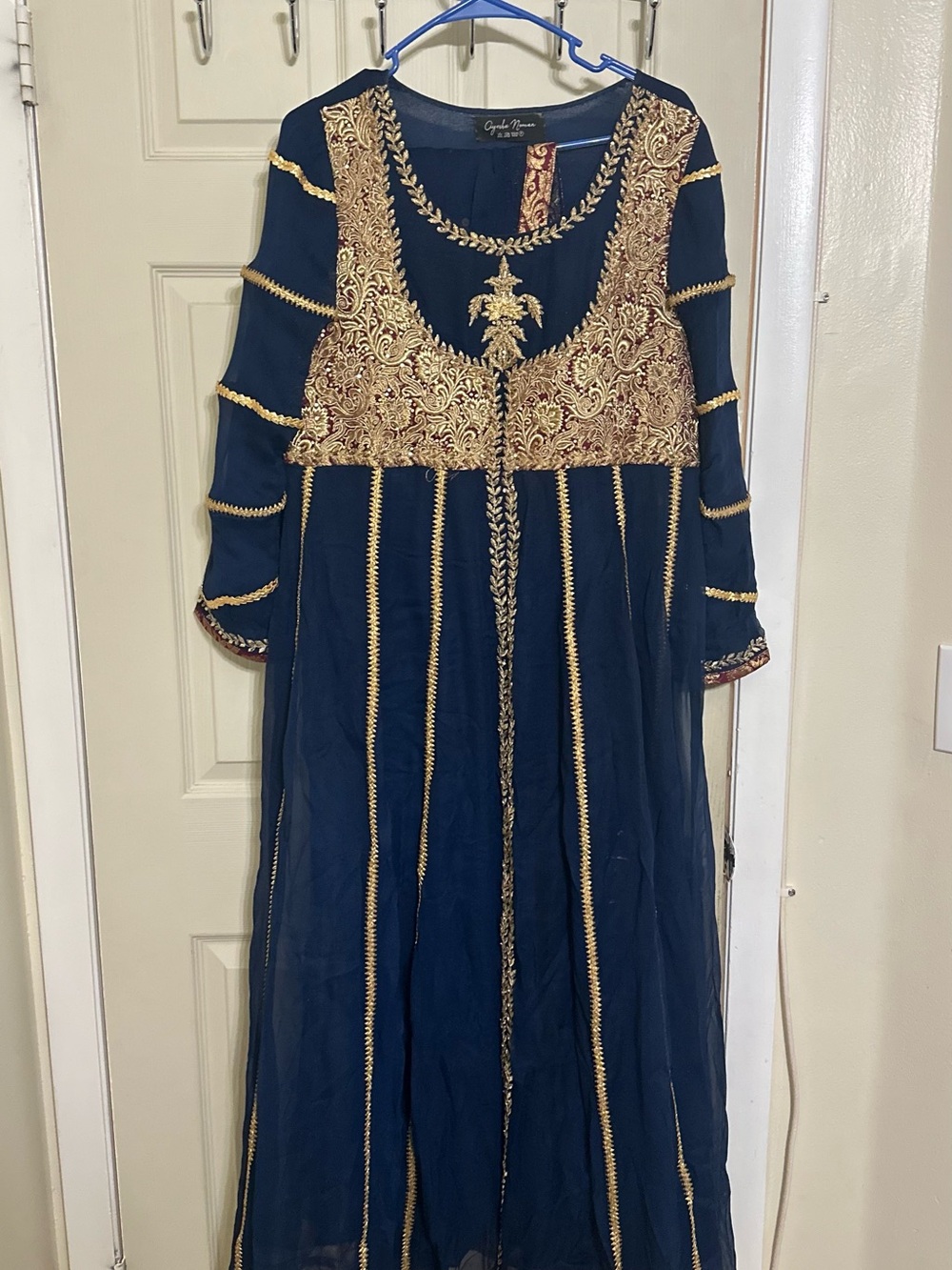 Navy Blue & Gold Embroidered Long Dress